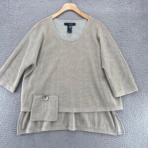 Ali Miles Top Women Medium Petite Ivory Mesh Stretch Lagenlook Dolman 3/4 Sleeve